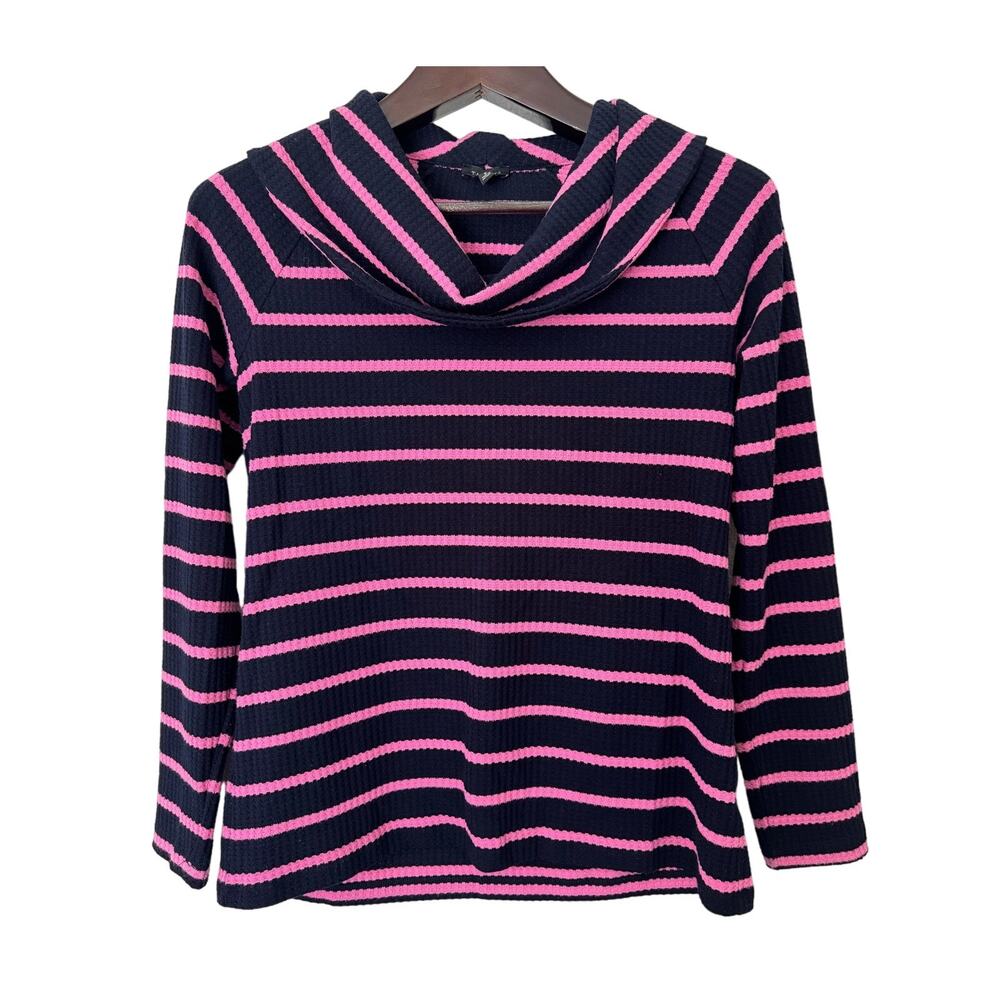 Talbots Navy Blue and Pink Stiped Waffle Knit Thermal Cowl Neck Shirt Size Small